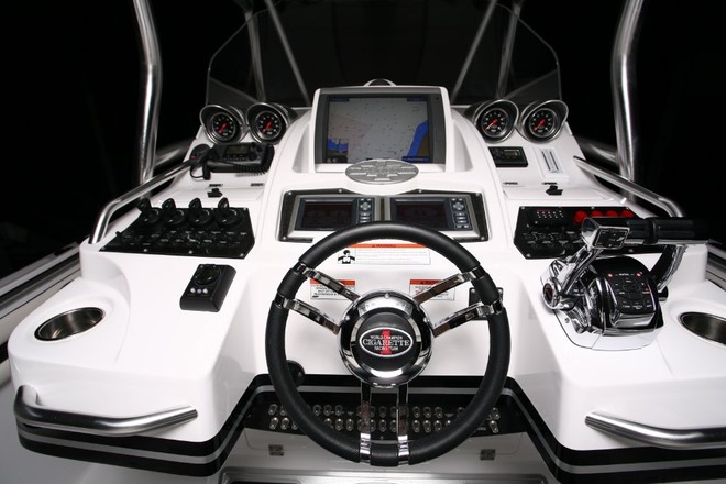 Cigarette is renowned for its standard of finish and fit out - just take a look at this fabulous helm aboard the ’Top Fish.’ - Cigarette the legend goes fishin © Cigarette Racing